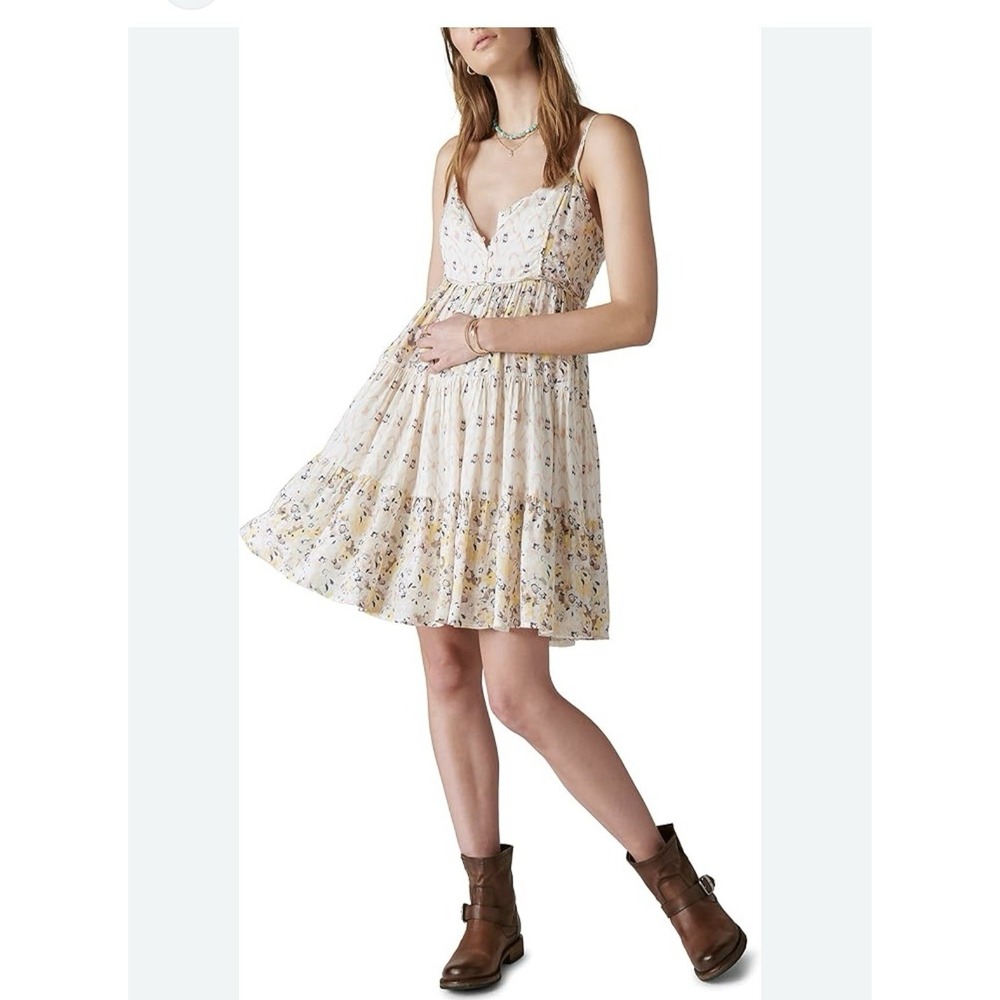 Lucky Brand Women's Printed Button Front Tiered Mini Dress, Pink Ikat Mix Med